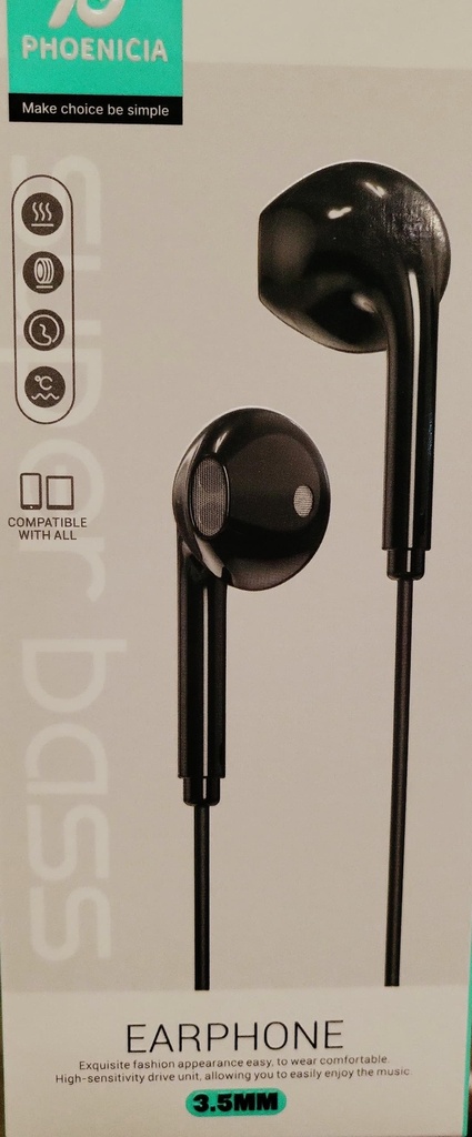 AURICULARES CABLEADOS, 1.2M DE LARGO, INTERFAZ AUXILIAR 3.5MM, COLOR NEGRO. MARCA PHONENCIA