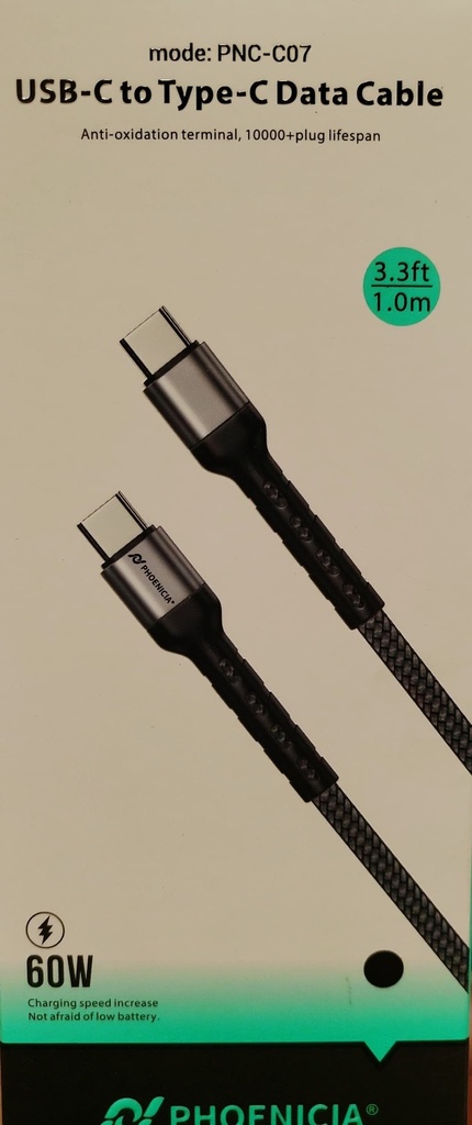 CABLE DE CARGA RAPIDA, 60W, USB C A USB C, 1 METRO DE LARGO. MARCA PHONENCIA