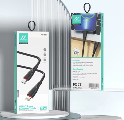 CABLE DE CARGA RAPIDA, 27W, LIGHTNING A USB C, 1 METRO DE LARGO, COLOR NEGRO. MARCA PHONENCIA