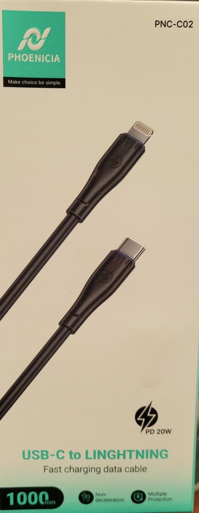 CABLE DE CARGA RAPIDA, 20W, LIGHTNING A USB C, 1 METRO DE LARGO, COLOR BLANCO. MARCA PHONENCIA