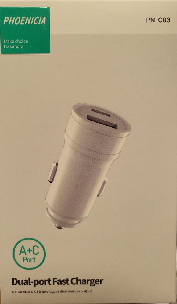 CARGADOR DUAL DE CARRO, INTERFAZ: USB A Y USB C, COLOR BLANCO. MARCA PHONENCIA