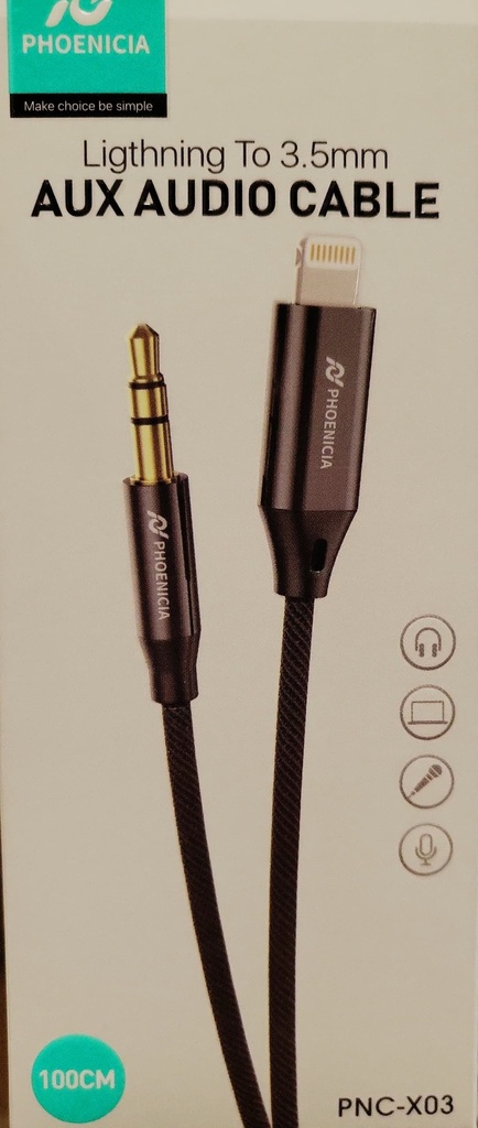 CABLE TIPO LIGTHNING A AUXILIAR 3.5MM, 1M DE LARGO. MARCA PHONENCIA