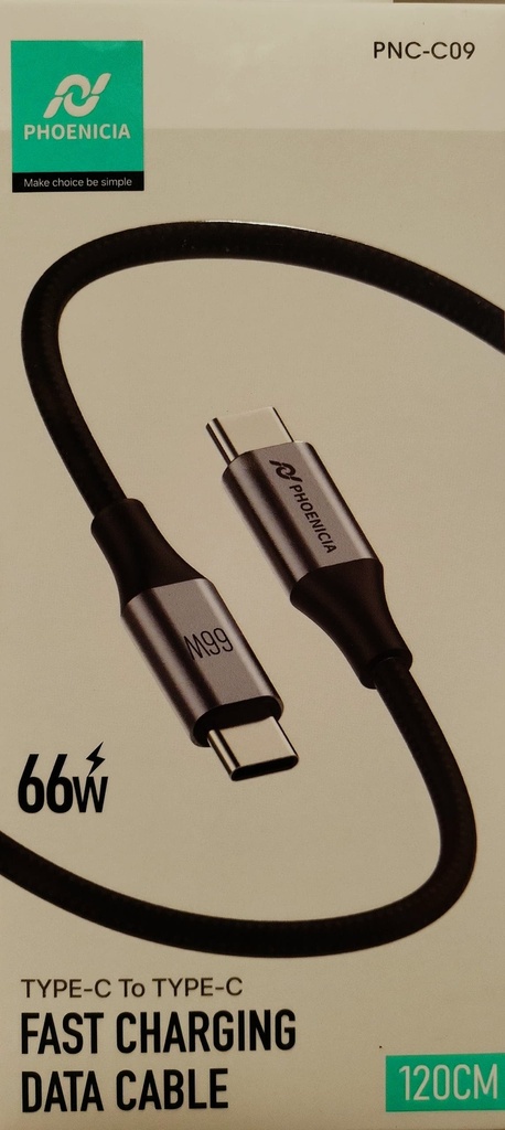 CABLE DE CARGA RAPIDA, 66W, USB C A USB C, 1 METRO DE LARGO. MARCA PHONENCIA