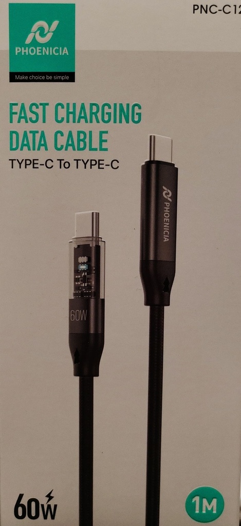 CABLE DE CARGA RAPIDA, 60W, USB C A USB C, 1 METRO DE LARGO. MARCA PHONENCIA