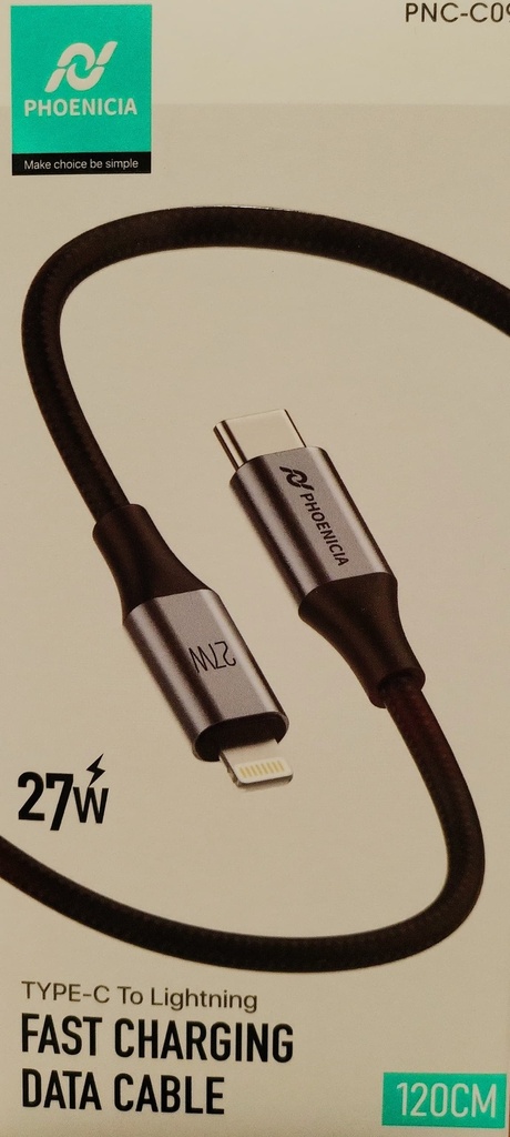 CABLE DE DATOS, RAPIDA, 27W, LIGHTNING A USB C, 1.2 METRO DE LARGO. MARCA PHONENCIA