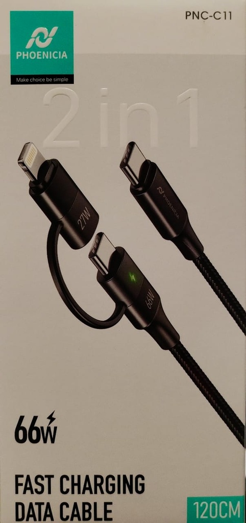 CABLE DE CARGA RAPIDA, 66W, 2 EN 1, USB C A LIGHTING, USB C A USB C, 1.2M DE LARGO. MARCA PHONENCIA