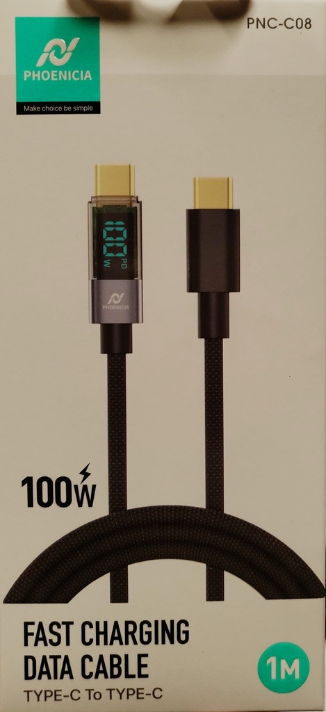 CABLE DE CARGA RAPIDA, 100W, PANTALLA LED, USB C A USB C, 1 METRO DE LARGO. MARCA PHONENCIA