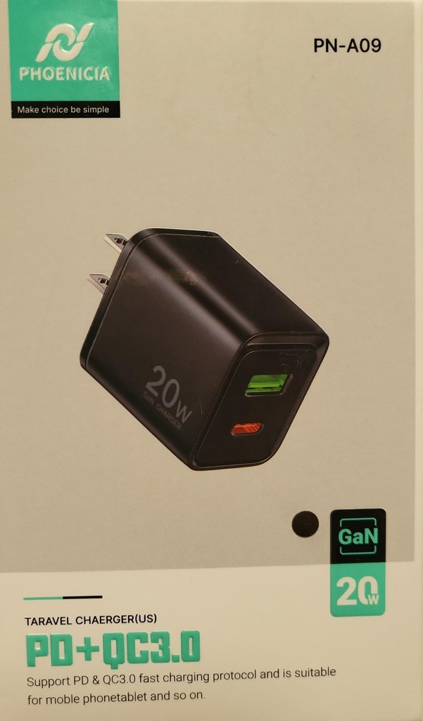 CARGADOR DE CARGA RAPIDA DUAL, 20W USB C, 18W USB A, QC3.0, INTERFAZ: USB A Y USB C, COLOR NEGRO. MARCA PHONENCIA