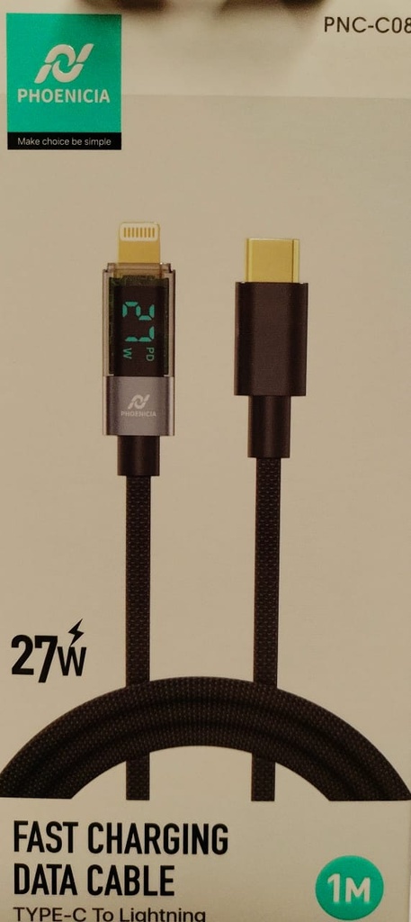 CABLE DE DATOS, RAPIDA, 27W, PANTALLA LED, LIGHTNING A USB C, 1 METRO DE LARGO. MARCA PHONENCIA