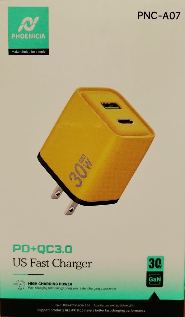 CARGADOR DE CARGA RAPIDA DUAL, 30W, QC3.0, INTERFAZ: USB A Y USB C. MARCA PHONENCIA