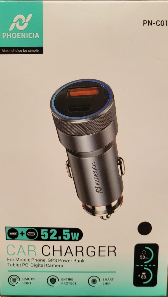 CARGADOR DUAL DE CARRO, INTERFAZ: USB A Y USB C, 33W USB C, 22,5W USB A, COLOR BLANCO. MARCA PHONENCIA