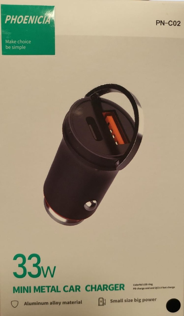 MINI CARGADOR DUAL DE CARRO, 33W, CON ANILLO DE ALUMINIO, INTERFAZ: USB A Y USB C. MARCA PHONENCIA