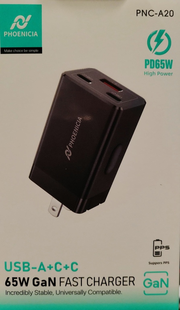 CARGADOR DE CARGA RAPIDA, 65W, QC3.0, INTERFAZ: USB C X 2 (65W) Y USB A X 1 (20W). MARCA PHONENCIA