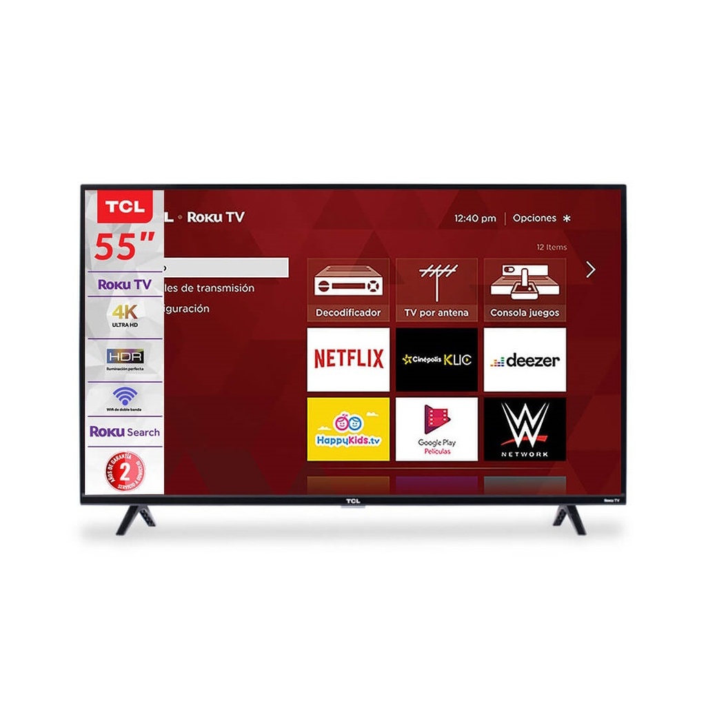 TELEVISOR SMART 55" CLASE UHD TV LED / RESOLUCIÓN 4K
(3840×2160) / FRECUENCIA DE ACTUALIZACIÓN EFECTIVA 60HZ /
FUNCIONALIDAD INTELIGENTE: ROKU TV / 3 HDMI / 1 Entrada de
audio / 1 USB 2.0 / WIFI y RJ45 / MARCA TCL