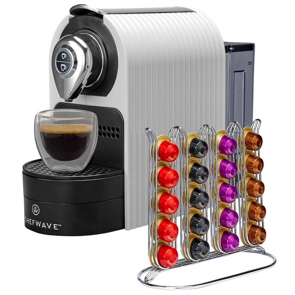 MAQUINA DE ESPRESSO / COMPATIBLE CON CAPSULAS NESPRESSO /
COLOR BLANCO / INCLUYE SUJETA CAPSULAS Y 2 COPAS DE VIDRIO
PARA TUS ESPRESSOS / MARCA CHEFWAVE