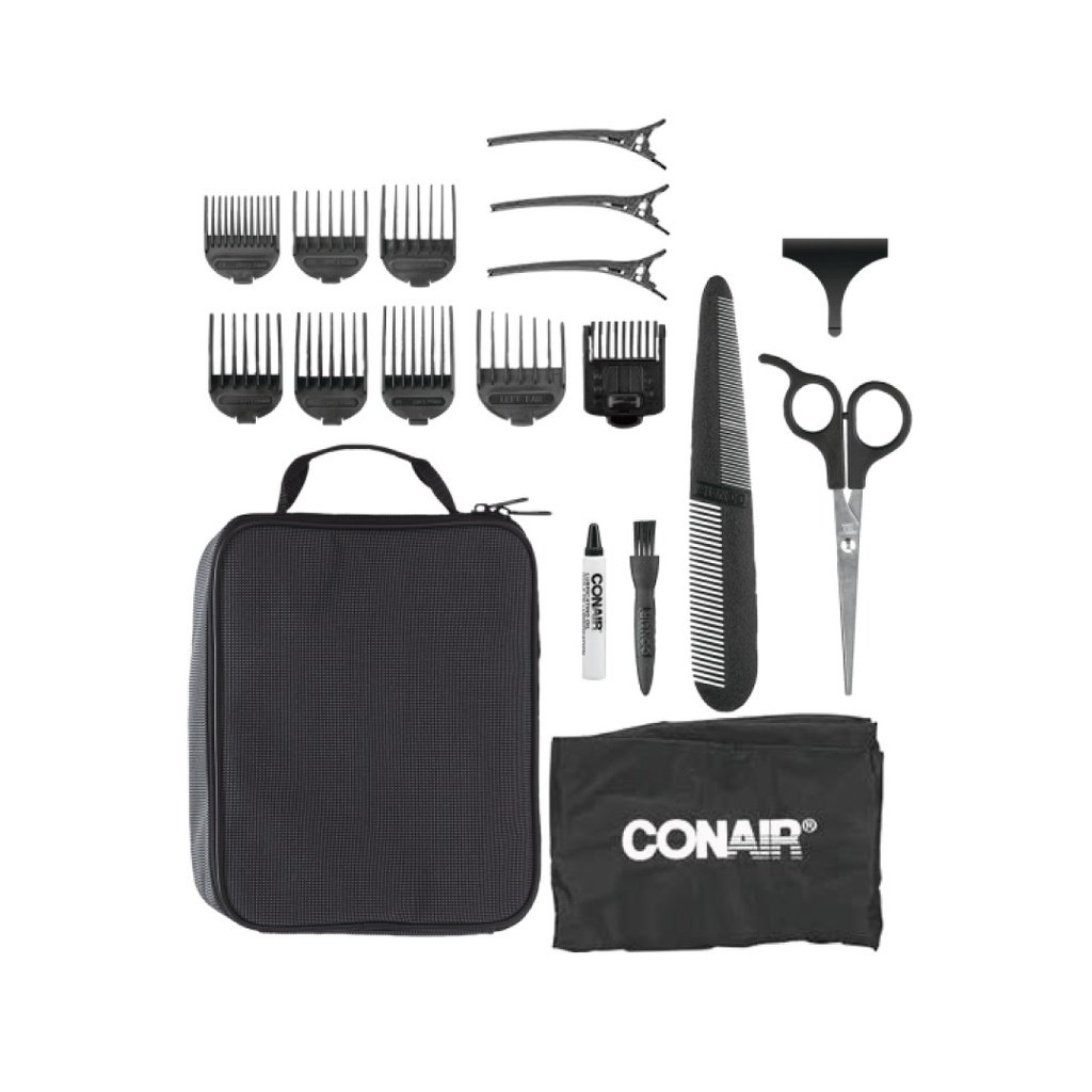 KIT 2 EN 1 - MAQUINA PARA AFEITAR Y MAQUINA PARA BARBAS /
TOTAL DE 20 PIEZAS / CUCHILLAS DE ACERO INOXIDABLE / 8 PEINES
PARA ESTILOS DIFERENTES / MAQUINA DE BARBAS INALAMBRICA /
INCLUYE TIJERAS, CAPA DE BARBERO, CLIPS DE ESTILO, ACEITE,
BROCHA DE LIMPIEZA Y ESTUCHE / MARCA CONAIR
