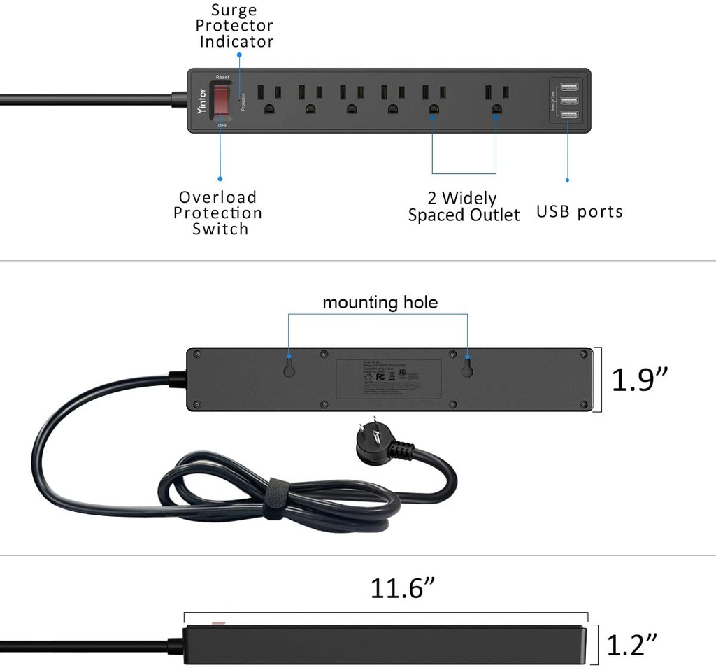 REGLETA DE ALIMENTACIÓN, PROTECTOR DE SOBRETENSIÓN CON 6 SALIDAS AC Y 3 PUERTOS USB, CABLE DE EXTENSIÓN DE 6 PIES (1250 W / 10 A), ENCHUFE MÚLTIPLE PARA VARIOS DISPOSITIVOS, TELÉFONO INTELIGENTE, TABLETA, COMPUTADORA PORTÁTIL / MARCA YINTAR