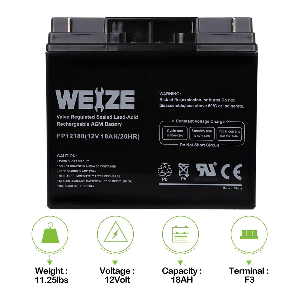 BATERÍA RECARGABLE DE PLOMO ÁCIDO SELLADA // CAPACIDAD DE 18 AH 12 V //
MARCA WEIZE, MODELO FP12180 // TERMINAL DE COBRE F3 // MANTENIMIENTO
GRATIS // MARCA WEIZE, MODELO FP12180
