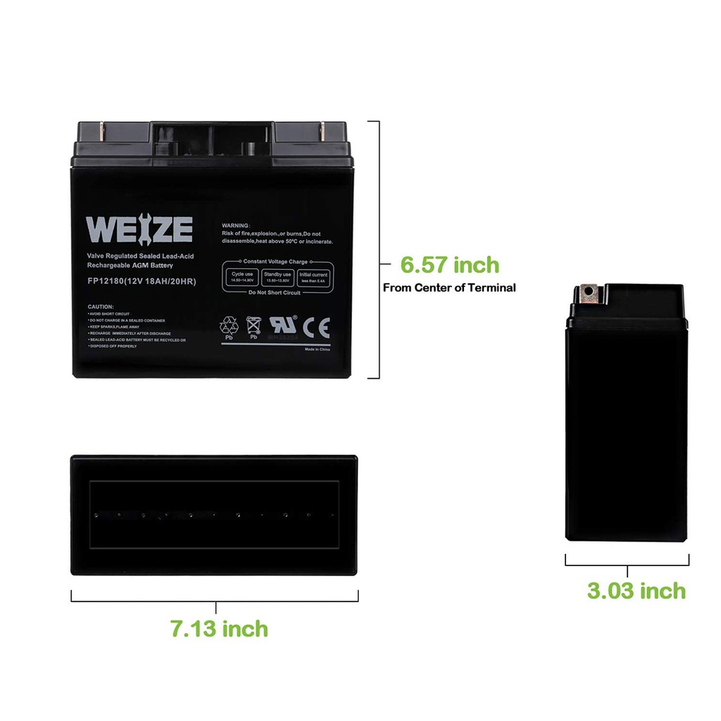 BATERÍA RECARGABLE DE PLOMO ÁCIDO SELLADA // CAPACIDAD DE 18 AH 12 V //
MARCA WEIZE, MODELO FP12180 // TERMINAL DE COBRE F3 // MANTENIMIENTO
GRATIS // MARCA WEIZE, MODELO FP12180
