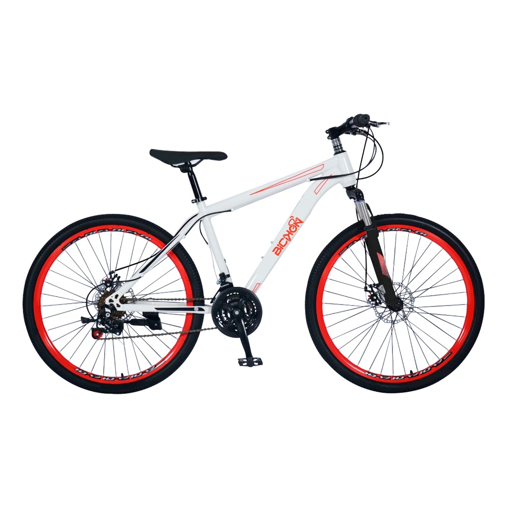 BICICLETA MONTAÑERA / TAMAÑO 26 PULGADAS / 21
VELOCIDADES / CUADRO DE ACERO / ARO DE CAMBIOS MARCA
SHIMENG / FRENO DE DISCOS DE ALTO RENDIMIENTO / COLOR
BLANCO Y ROJO / MARCA BICIKON