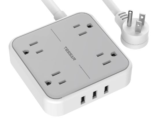 EXTENSION DE PODER PARA MESA CON 3 PUERTOS USB, 4 ENCHUFES, 5 PIES DE LONGITUD, CON SWITCH DE ENCENDIDO, ESPECIAL PARA VIAJES, POTENCIA MAXIMA DE 1250W, MARCA TESSAN, MODELO TS-102