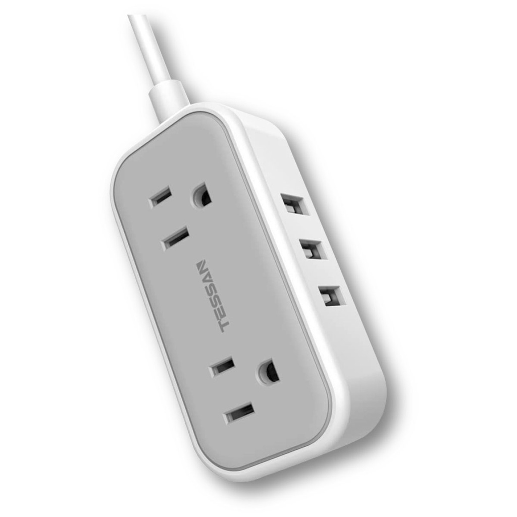 EXTENSION DE PODER PARA MESA CON 3 PUERTOS USB, 2 ENCHUFES, 5 PIES DE LONGITUD, ESPECIAL PARA VIAJES, POTENCIA MAXIMA DE 1250W, MARCA TESSAN, MODELO TS-105