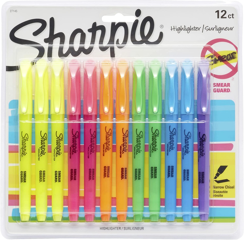 MARCADORES RESALTADORES , PUNTA DE CINCEL, COLORES SURTIDOS, 12 UNIDADES, 3 X AMARILLOS, 2 X ROSADOS, 2 X ANARANJADOS, 2 X VERDES, 2 X AZULES Y 1 X MORADO FLUORESCENTE / MARCA SHARPIE