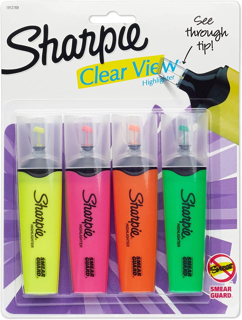 MARCADORES RESALTADORES DE VISIÓN TRANSPARENTE, PUNTA DE CINCEL, COLORES SURTIDOS, 4 UNIDADES, AMARILLO, NARANJA, ROSA Y VERDE / MARCA SHARPIE