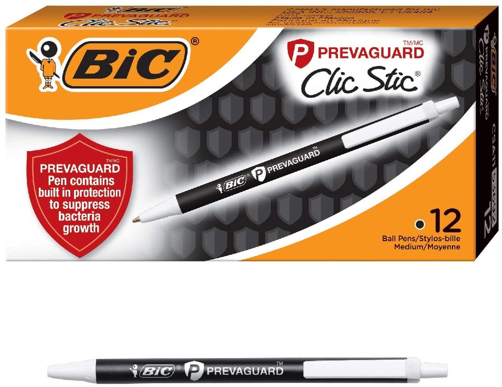 CAJA DE BOLIGRAFOS BIC, PREVAGUARD PROTECCION PARA SUPRIMIR BACTERIAS, LA PUNTA MEDIA DE 0.039 IN / COLOR NEGRO, CAJA DE 12 UNIDADES
