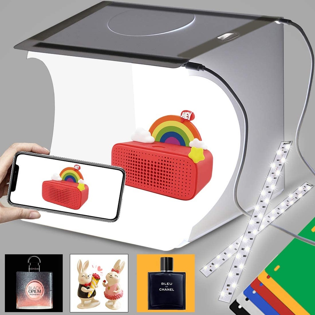 MINI CAJA DE LUZ DE ESTUDIO FOTOGRÁFICO,  PLEGABLE CON 40 PIEZAS DE LUZ LED + 6 TIPOS DE FONDOS DE COLOR PARA PRODUCTOS DE TAMAÑO PEQUEÑO,150 LUMENES, MARCA DUCLUS