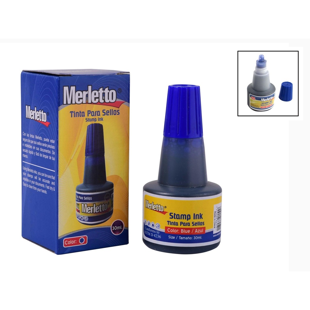 TINTA PARA SELLOS DE COLOR AZUL / CONTEN. 30ML /  MARCA MERLETTO