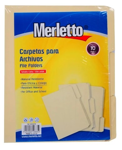 CARPETA MANILA / TAMAñO CARTA / PAQUETE DE 10 / MARCA MERLETTO