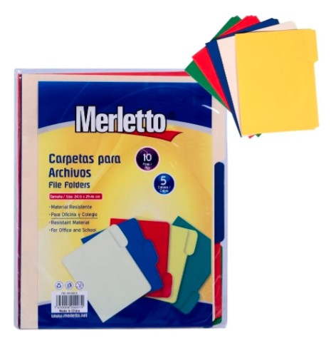 CARPETA MANILA / COLORES VARIADOS / TAMAñO 24.13X29.46CM / PAQUETE 10 / MARCA MERLETTO