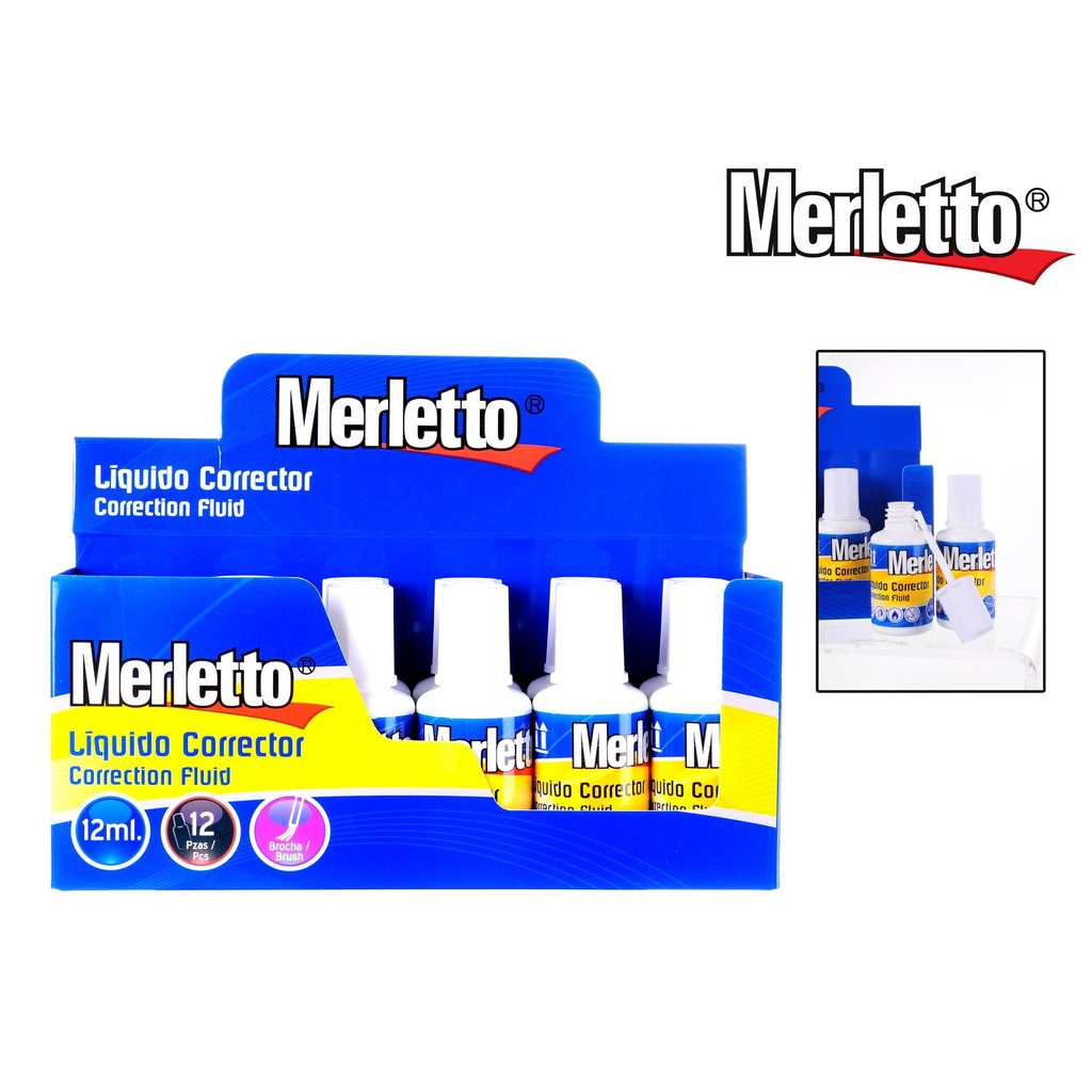 CORRECTOR LIQUIDO CON BROCHA / CONTENIDO 12ML / MARCA MERLETTO