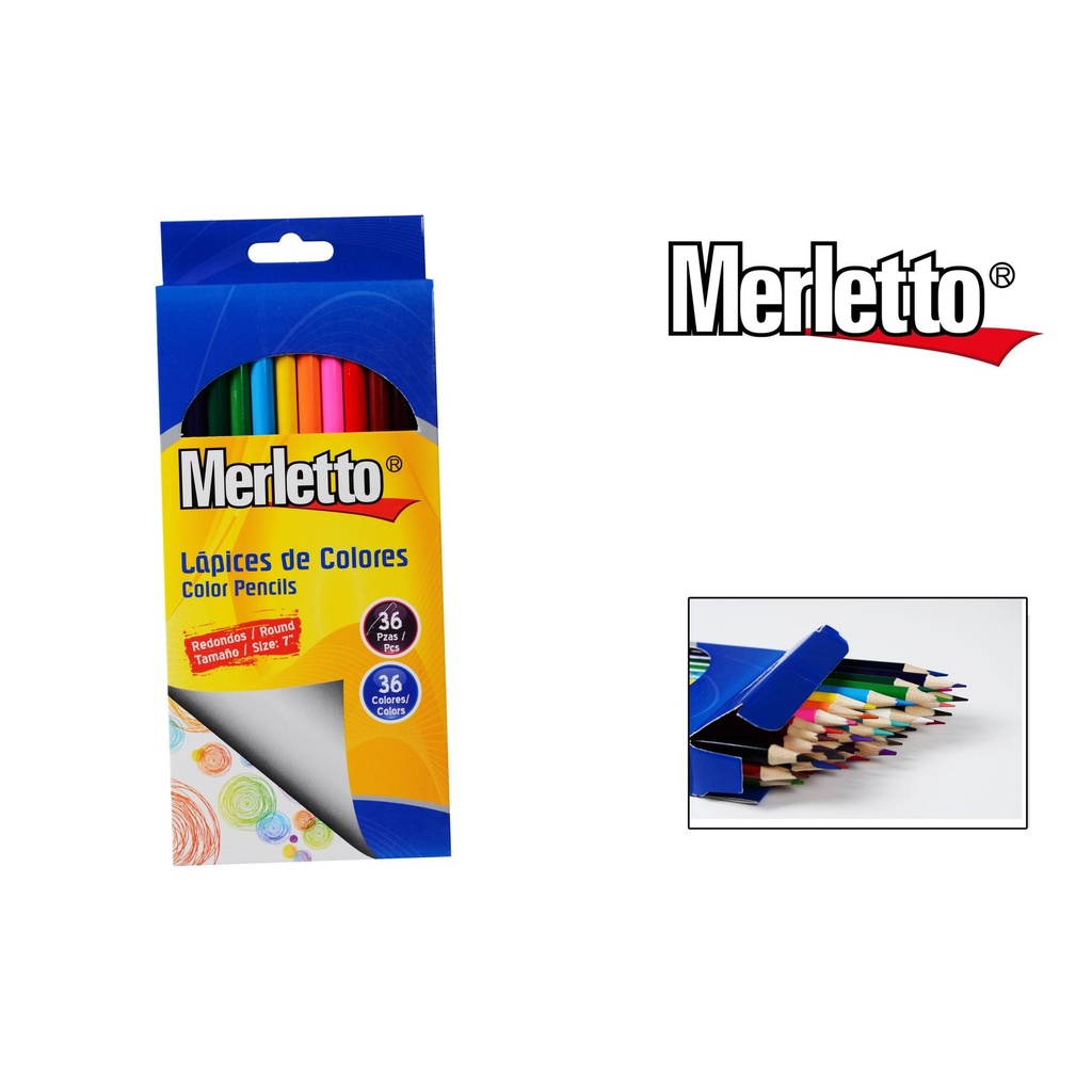 LAPICES DE COLOR / PAQUETE DE 36 COLORES / REDONDOS DE 7 PULGADAS / MARCA MERLETTO