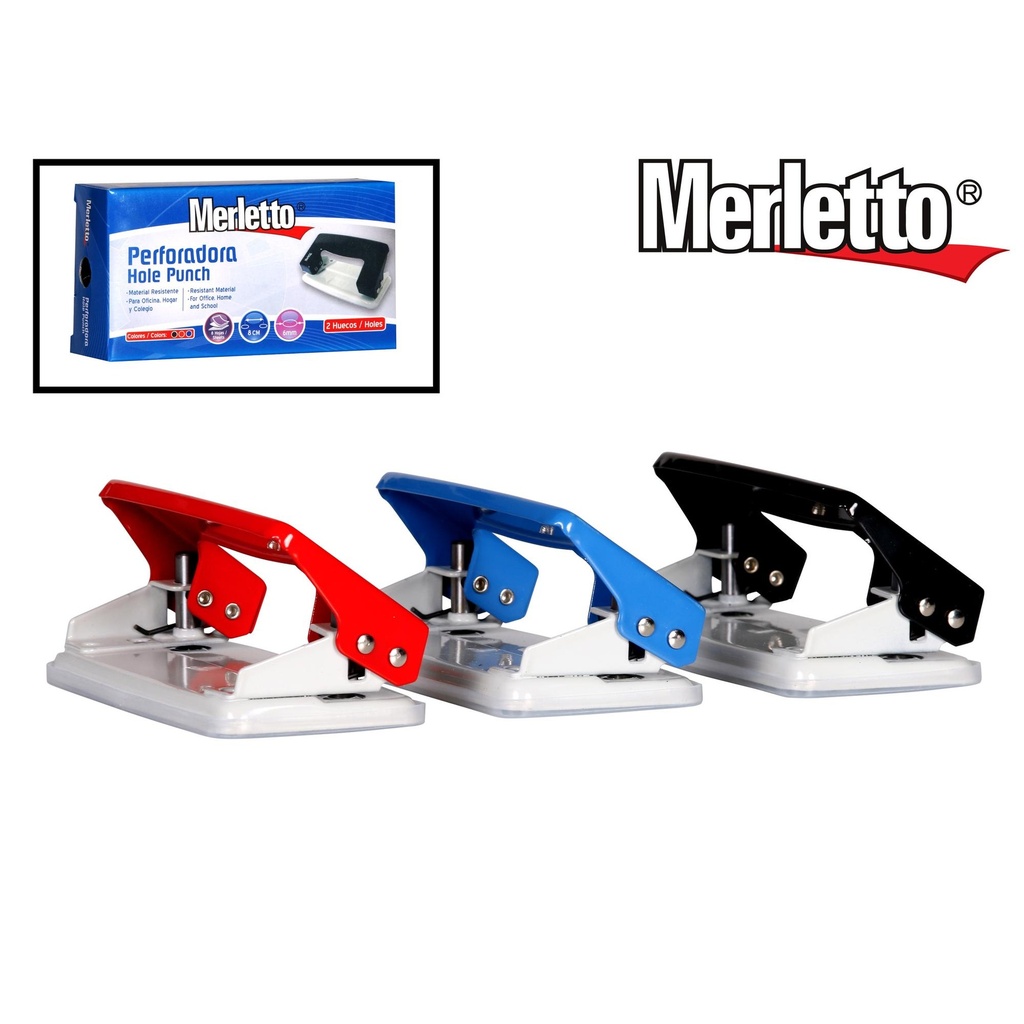 PERFORADORA DE PAPEL / 8 CM ENTRE AGUJEROS / AGUJERO DE 6 MM / COLORES VARIADOS / MARCA MERLETTO