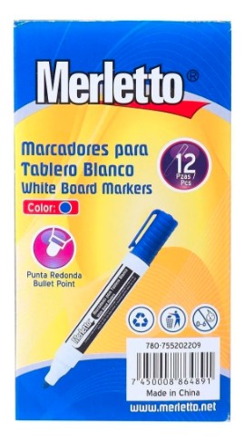 MARCADORES PARA TABLERO / COLOR AZUL / PAQUETE DE 12 PIEZAS /  MARCA MERLETTO