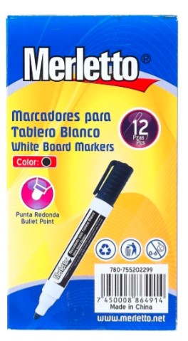 MARCADORES PARA TABLERO / COLOR NEGRO / PAQUETE DE 12 PIEZAS / MARCA MERLETTO