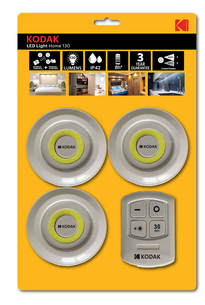 LUCES LED INALAMBRICAS / CON CONTROL REMOTO / POTENCIA 130 LUMENES / 2 FUNCIONES: 100% Y 50% POTENCIA / RESISTENTE AL CLIMA IP42 / RANGO DE 10 METROS / PROGRAMABLE POR 30 MINUTOS / UTILIZA BATERIAS AAA / MARCA KODAK / MODELO LED HOME 130