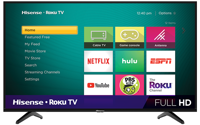 TELEVISOR INTELIGENTE 40" FHD / RESOLUCION  1920X1080P / CON ROKU TV / TASA 120HZ / RELACION DE ASPECTO 16:9 / AUDIO DTS 2 X 7W / CON WIFI / 3 HDMI, 1 USB, 1 RF, 1 RCA, 1 OPTICO / MONTAJE DE PARED M6 VESA 100X200 / MARCA HISENSE / MODELO 40H4030F1
