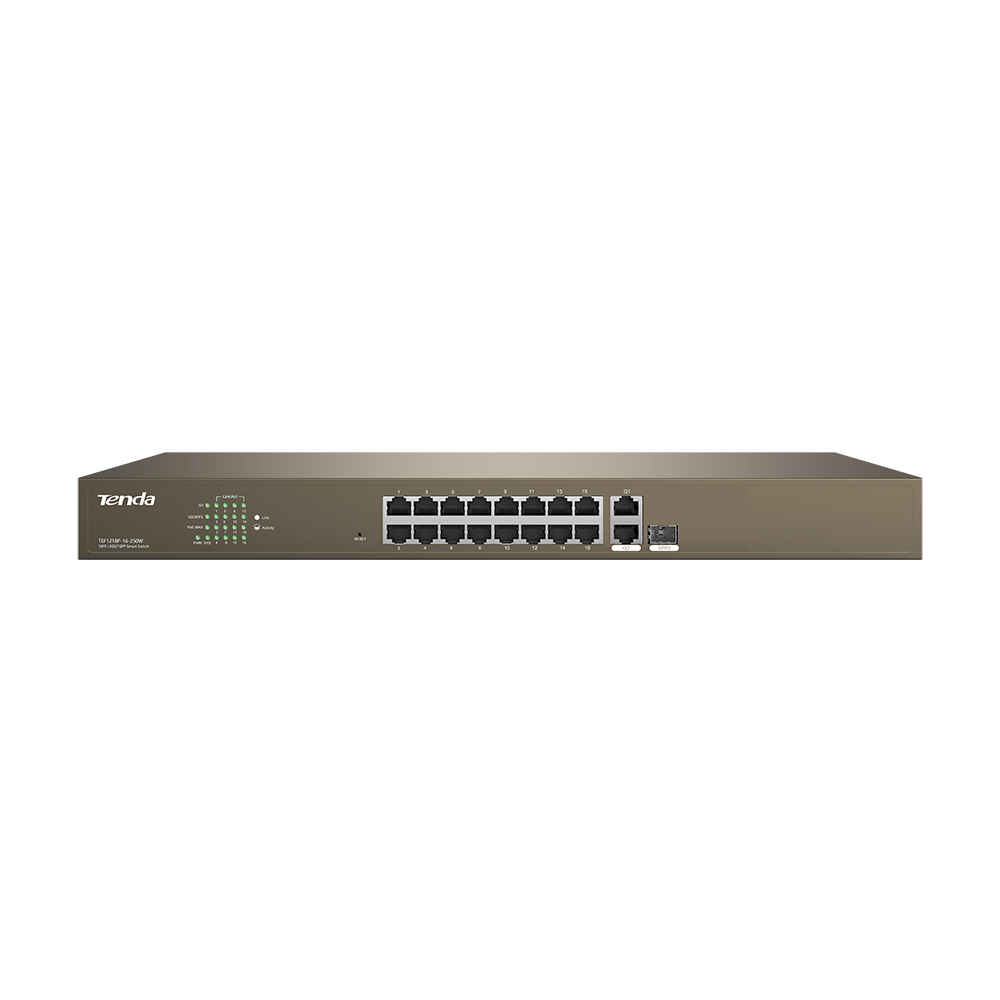 SWITCH ETHERNET DE 16 PUERTOS POE // 16 PUERTOS POE 100 MBPS, 2 PUERTOS POE 1000MBPS Y PUERTO DE FIBRA óPTICA SFP DE 1000 MBPS // DISTANCIA DE TRANSMISIóN DE HASTA 250 M // GESTIóN WEB INTELIGENTE // CAPACIDAD DE CONMUTACIóN DE 7.2 GBPS // PROPORCIONA HASTA 30 VATIOS POR PUERTO POE // PRESUPUESTO DE ENERGíA POE 230W // 6KV EXCELENTE PROTECCIóN CONTRA RAYOS // ADMITE VLAN // DISEñO METáLICO PARA MONTAJE EN RACK DE 19"// MARCA TENDA // MODELO TEF1218P-16-250W
