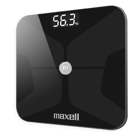 BALANZA INTELIGENTE DIGITAL CON BLUETOOTH, PANEL DE VIDRIO TEMPLADO, PESO MAXIMO ENTRE 300 LBS 150 KILOS, APP MAXELL SCALE / MARCA MAXELL / MODELO DFS-1BT NEGRO