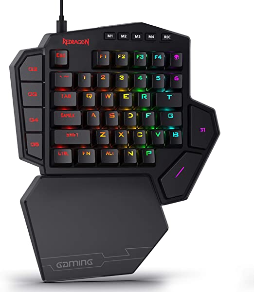 TECLADO MECANICO DITI 1 MANO RGB (SWITCHES REDRAGON BROWN, CABLE USB-C EXTRAIBLE, RGB CHROMA 2 PROGRAMABLE., REPOSA MUÑECAS MAGNETICO DESMONTABLE, TECLAS MACRO DEDICADAS LATERALES DE USO RAPIDO, USB EXTRA). MARCA REDRAGON