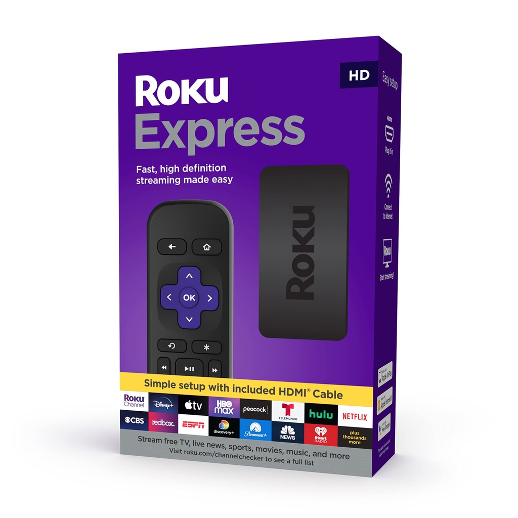 ROKU EXPRESS / MULTIMEDIA DE TRANSMISIÓN HD / INCLUYE CONTROL REMOTO / CABLE HDMI / CABLE DE PODER USB / ADAPTADOR DE CORRIENTE / MARCA ROKU CAJA MORADA / MODELO 3930EU-GB