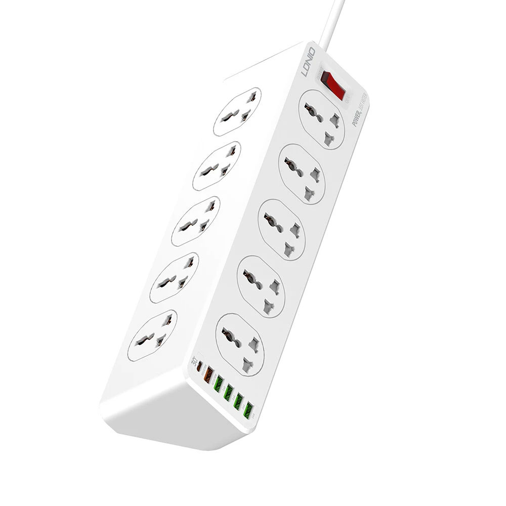 REGLETA DE 6 PUERTOS: (1) USB-C  (5) USB-A Y 10 TOMAS DE CORRIENTE / CABLE DE 2 M / 2500 W / MODELO SC10610 / MARCA LDNIO