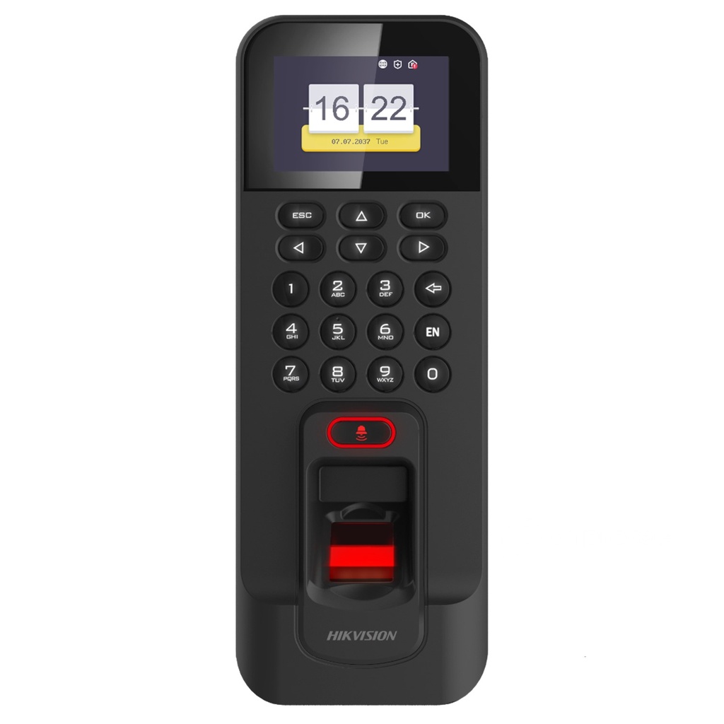 TERMINAL DE CONTROL DE ACCESO CON HUELLA DACTILAR // CON CONTROL DE ASISTENCIA // 100.000 REGISTROS // 3000 HUELLAS DACTILARES // LECTURA TARJETAS M1 // COMUNICACION: WI-FI, TCP/IP, RS-485 // BOTON PARA PUERTA x1, PUERTA MAGNETICA x1, ENTRADA DE ALARMA x1 Y PUERTO USB // PANTALLA LCD 2,4 PULGADAS // 1 ZUMBADOR Y 1 ALTAVOZ // MODELO DS-K1T804AMF // MARCA HIKVISION