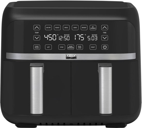 FREIDORA DE AIRE / CAPACIDAD 7.5 L / DOBLE CESTA / TENOLOGIA DE CALOR CIRCULAR DE ALTO RENDIMIENTO / TEMPERATURA MINIMA Y MAXIMA 32 – 232 °C / 1800 W / PANTALLA DIGITAL / COLOR NEGRO MATTE / MARCA BELLA PRO / MODELO 90135
