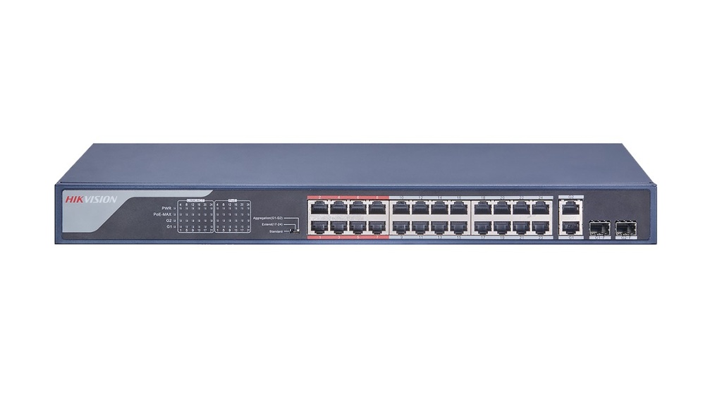 SWITCH NO ADMINISTRABLE FAST ETHERNET DE 24 PUERTOS POE | PUERTOS POE DE 24×10/100 MBPS, | PUERTO RJ45 X 2 DE 1000 MBPS Y PUERTO DE FIBRA ÓPTICA SFP X 2 DE 1000 MBPS | DISTANCIA DE TRANSMISIÓN DE HASTA 300 M | CAPACIDAD DE CONMUTACIÓN 8.8 GBPS | PROPORCIONA HASTA 30W POR PUERTO POE | PRESUPUESTO DE ENERGÍA POE 370 W | INSTALACIÓN PLUG-AND-PLAY | MARCA HIKVISION