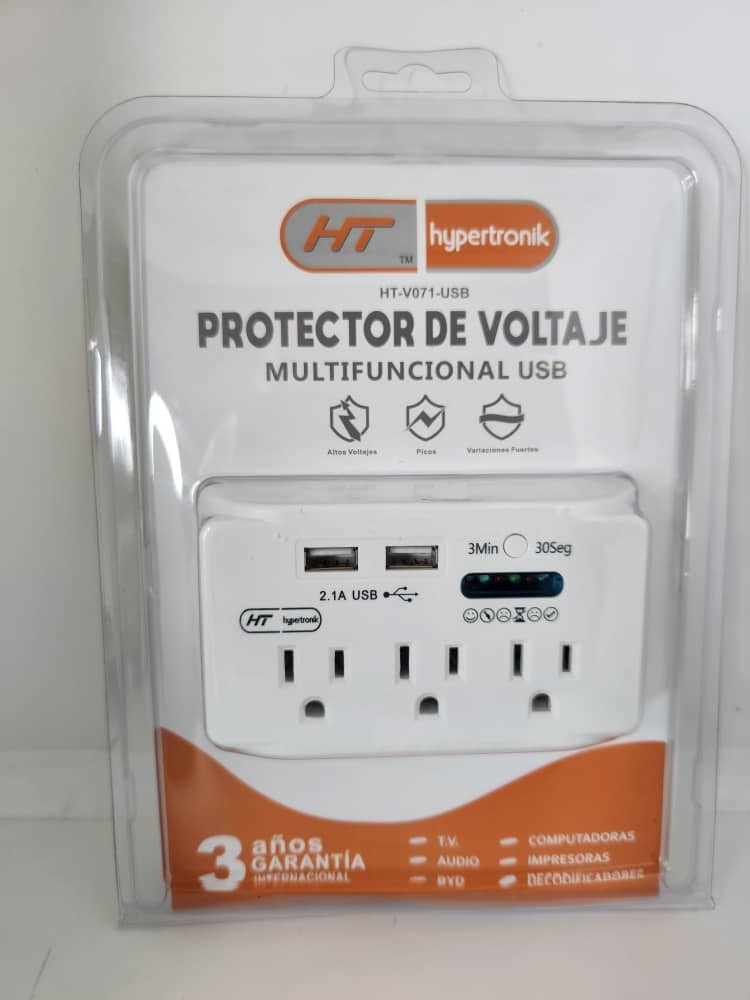 PROTECTOR DE VOLTAJE MULTIFUNCIONAL USB // 3 PUERTOS DE CORRIENTE // 2 PUERTOS USB, MODELO HT-V071-USB. MARCA HYPERTRONIK