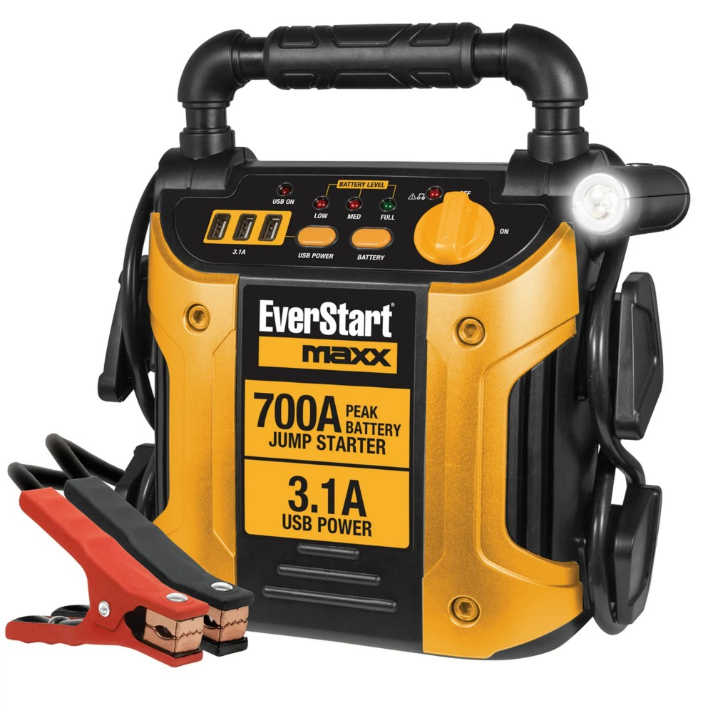 JUMPER ARRANCADOR DE VEHÍCULOS DE HASTA 4 Y 6 CILINDROS 700 AMP // 3 PUERTOS USB DE 3.1 A // // BATERÍA 12 VDC //LUZ GIRATORIA DE 270 GRADOS // MARCA EVERSTART